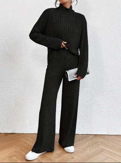 Soft Knit Turtleneck and Flared Leg Pants Set - Luxivelle