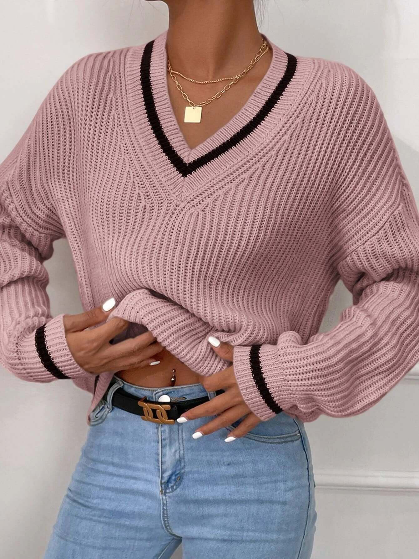 Casual Striped V Neck Loose Fit Sweater