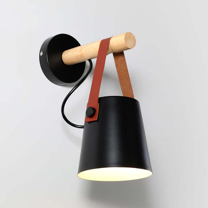 Rustic Wood Wall Lamp with Brown Leather Strap