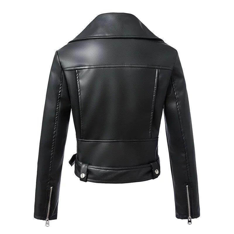 Ladies Synthetic Leather Motorcycle Jacket with Buckle