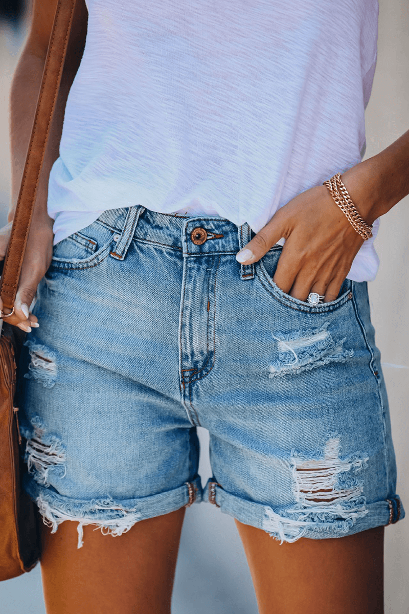 Distressed Denim Shorts with Tassels