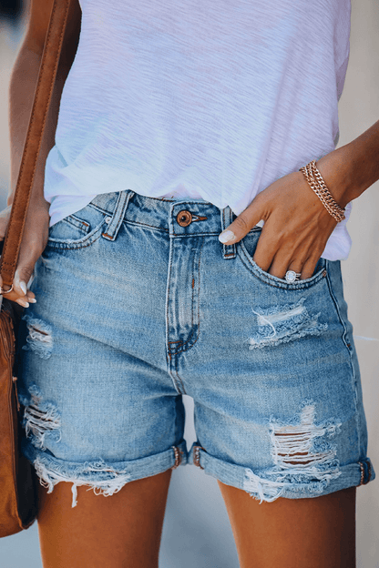 Distressed Denim Shorts with Tassels