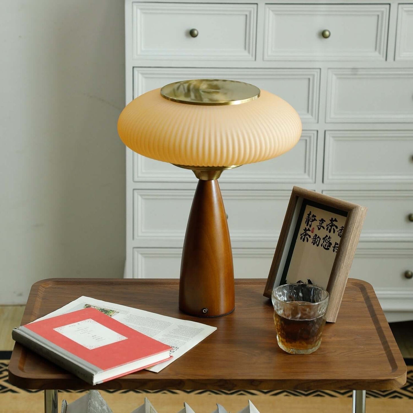 Small Glass Desk Lamp with Wood Base
