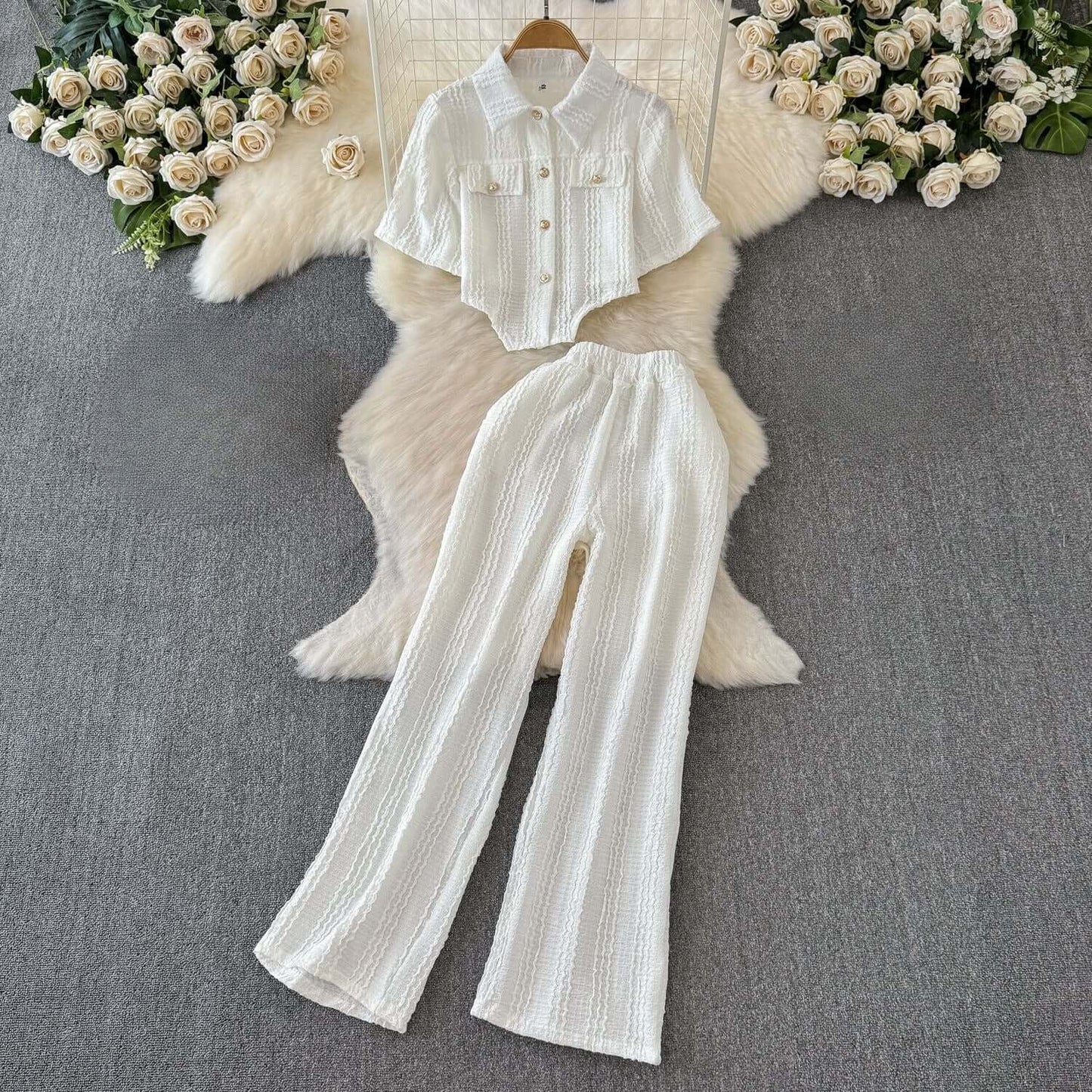 Ladies' Short Sleeve Crop Top and Flared Pants Set