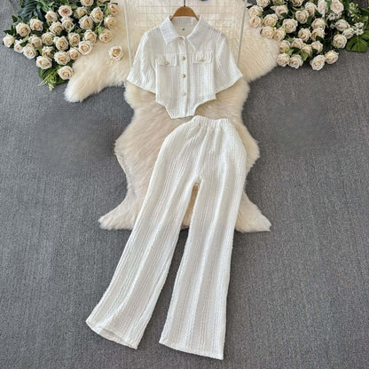 Ladies' Short Sleeve Crop Top and Flared Pants Set
