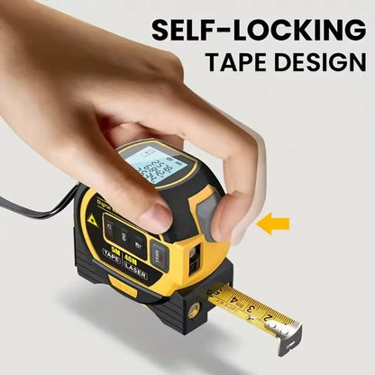 "3-in-1 Laser Distance Measuring Tape with digital display, 60m range, 5m steel tape, yellow-blue, for precise measurements"