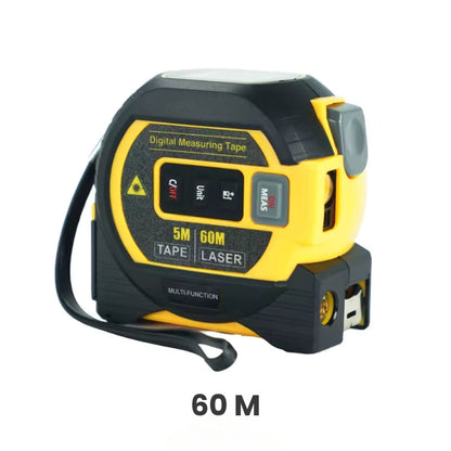 "3-in-1 Laser Distance Measuring Tape with digital display, 60m range, 5m steel tape, yellow-blue, for precise measurements"