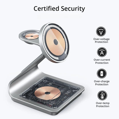 "3-in-1 magnetic wireless charger with sleek aluminum design for iPhone, Apple Watch, AirPods charging on desk, cable-free."
