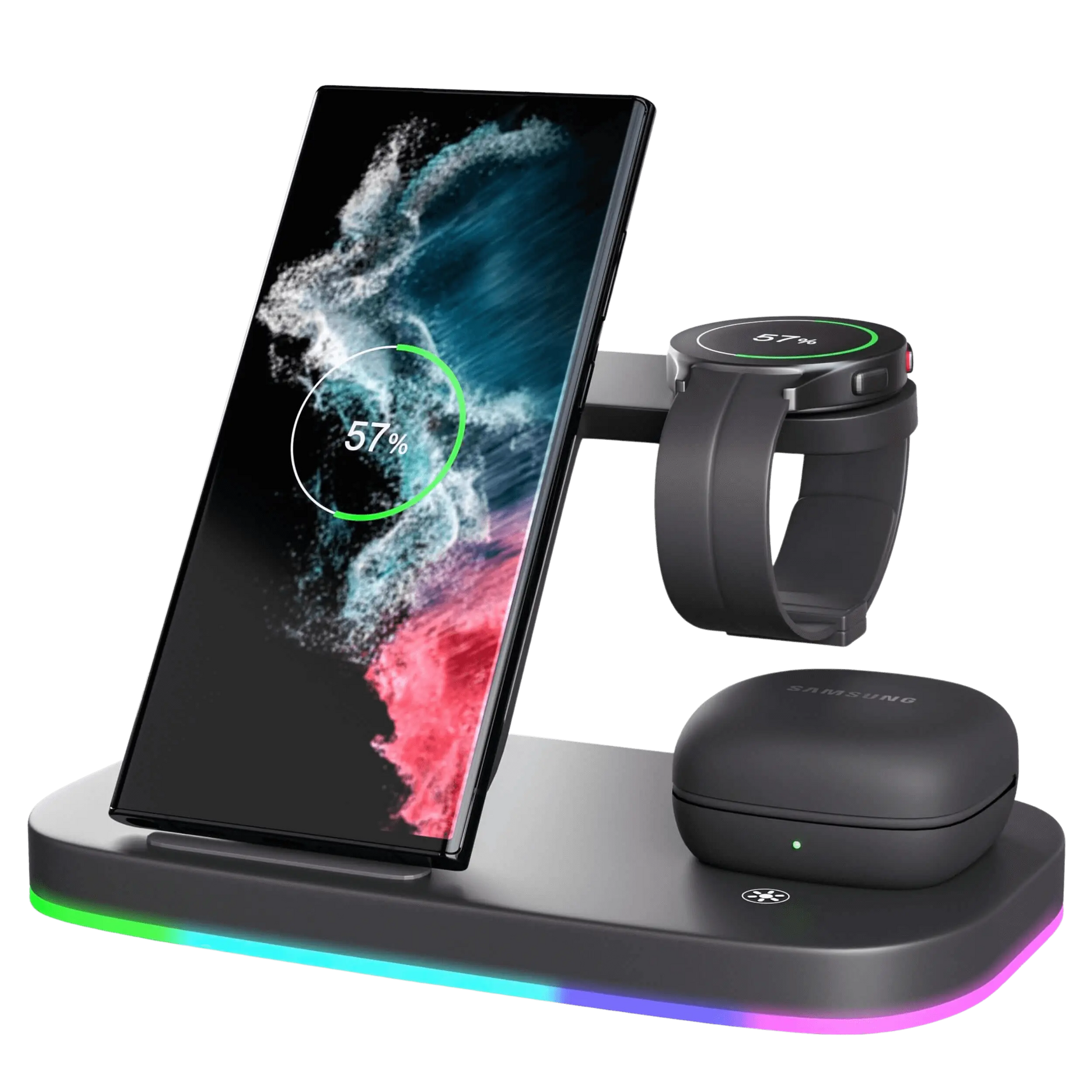 3-in-1 wireless charging station for Samsung Galaxy phone, watch, and earbuds with sleek, modern design, compact size.