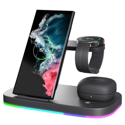 3-in-1 wireless charging station for Samsung Galaxy phone, watch, and earbuds with sleek, modern design, compact size.