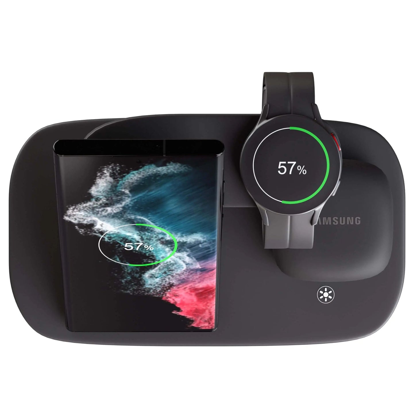 3-in-1 wireless charging station for Samsung Galaxy phone, watch, and earbuds with sleek, modern design, compact size.