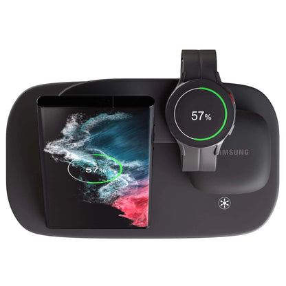 3-in-1 wireless charging station for Samsung Galaxy phone, watch, and earbuds with sleek, modern design, compact size.