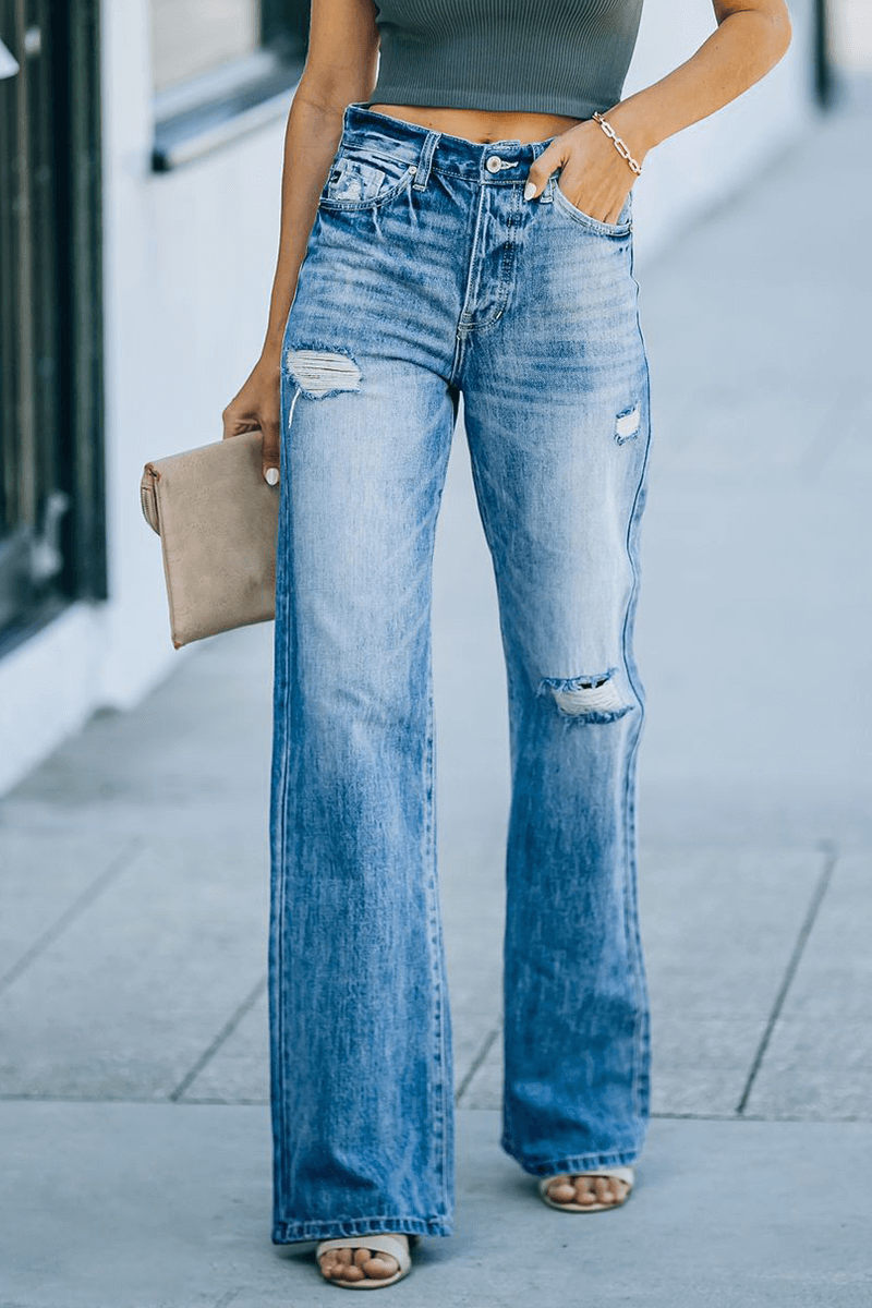 Fashionable Frayed High Waist Wide Leg Jeans - Luxivelle