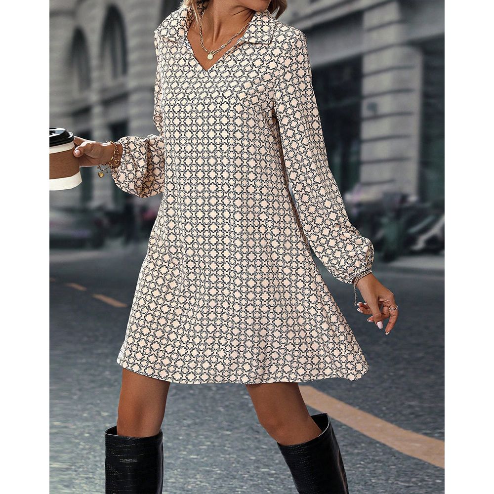 Relaxed Fit V Neck Long Sleeve Dress