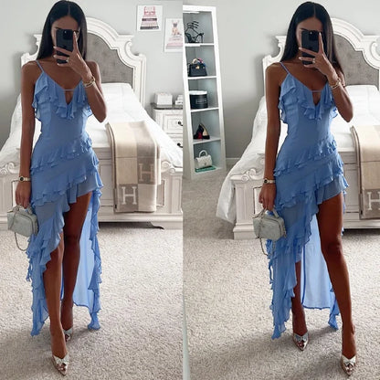 Women's Flowy Long Ruffled Split Maxi Dress