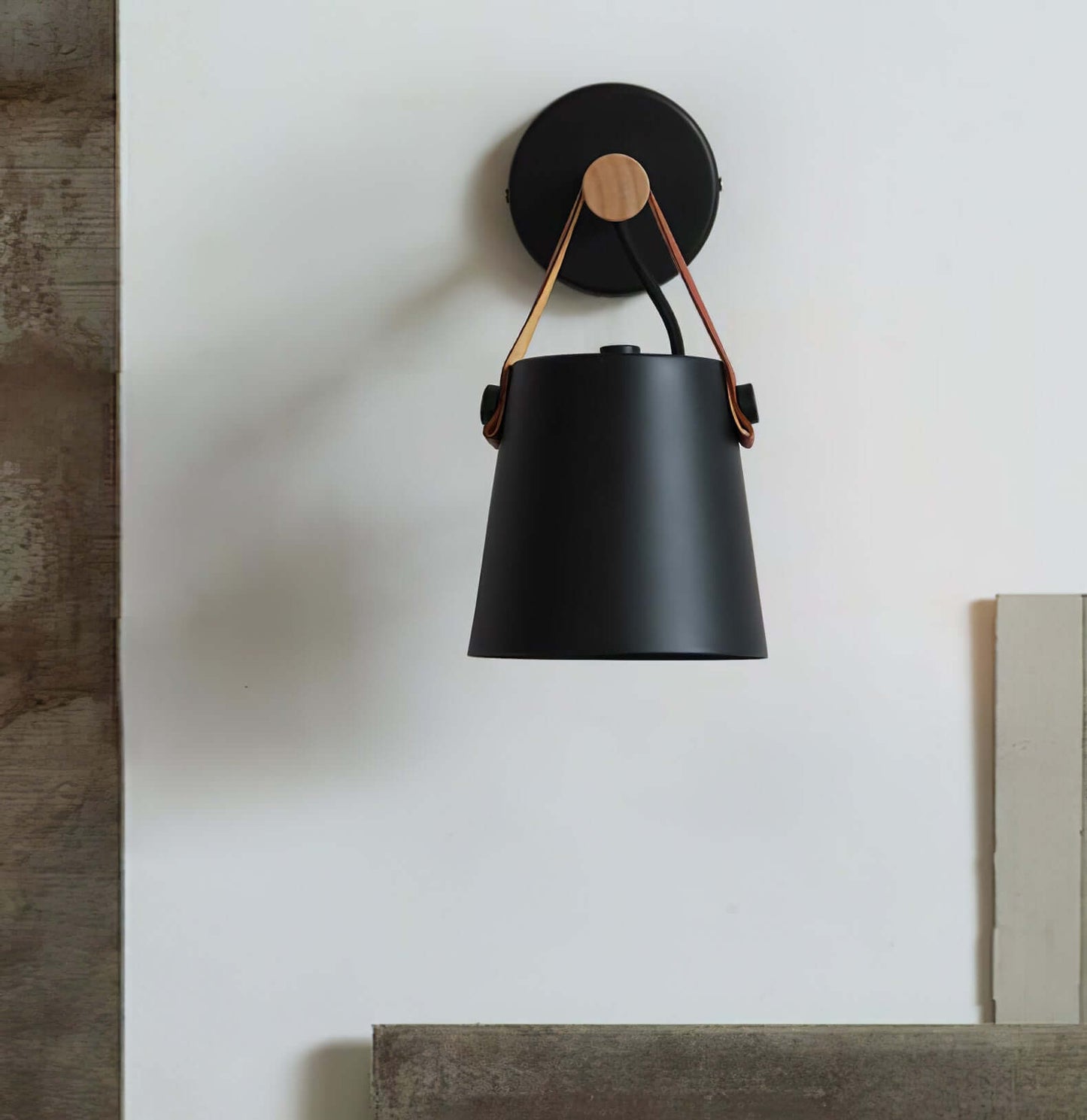 Rustic Wood Wall Lamp with Brown Leather Strap