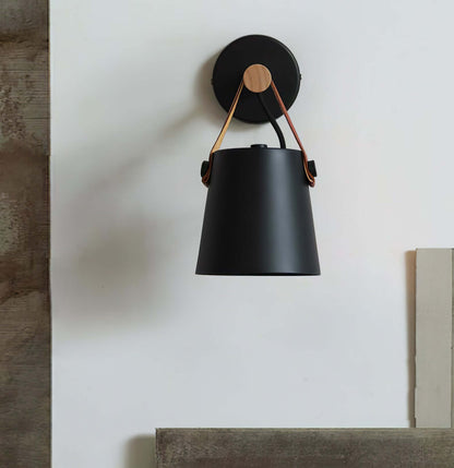 Rustic Wood Wall Lamp with Brown Leather Strap