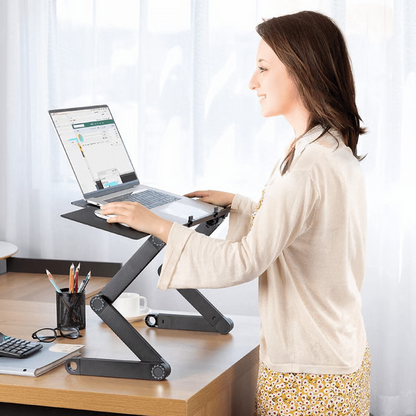 "360° adjustable ergonomic laptop stand with aluminum frame, full adjustability, ventilation, and lightweight for productivit