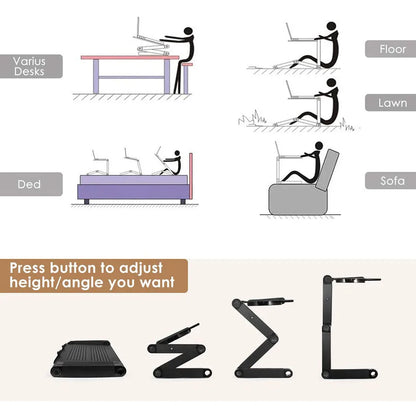 "360° adjustable ergonomic laptop stand with aluminum frame, full adjustability, ventilation, and lightweight for productivit