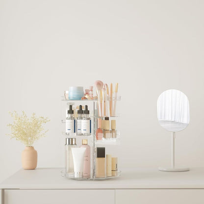 "360° Rotating Makeup Organizer with adjustable layers, sleek design, 7 lipstick slots, 7 brush holes, non-slip base."
