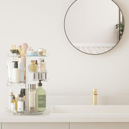 "360° Rotating Makeup Organizer with adjustable layers, sleek design, 7 lipstick slots, 7 brush holes, non-slip base."