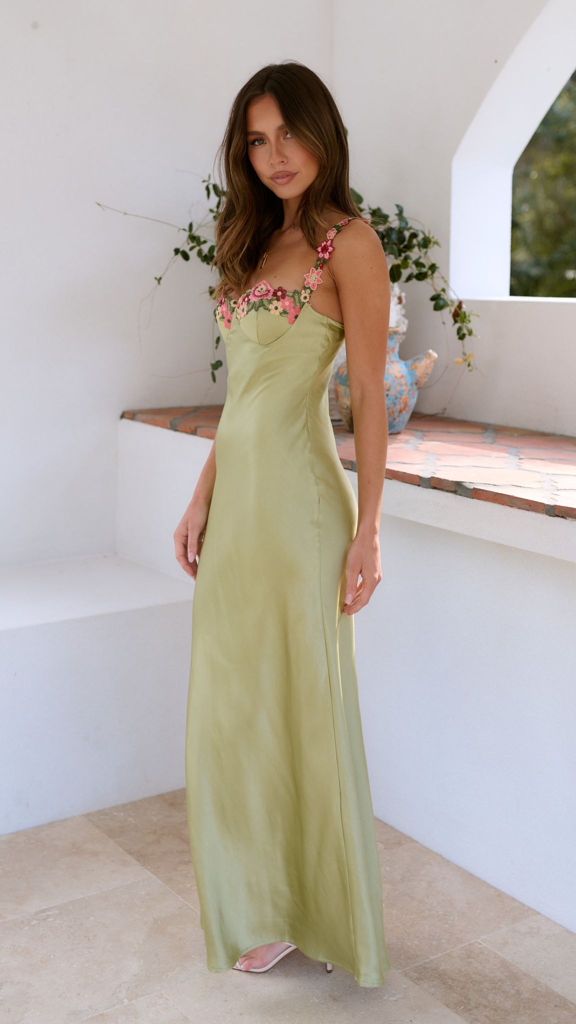 Elegant Satin Dress with Delicate Embroidery