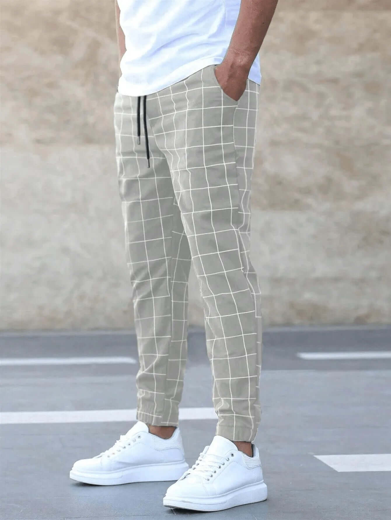 Men's Fit Jogger Pants: Grey Grid Elastic Waist
