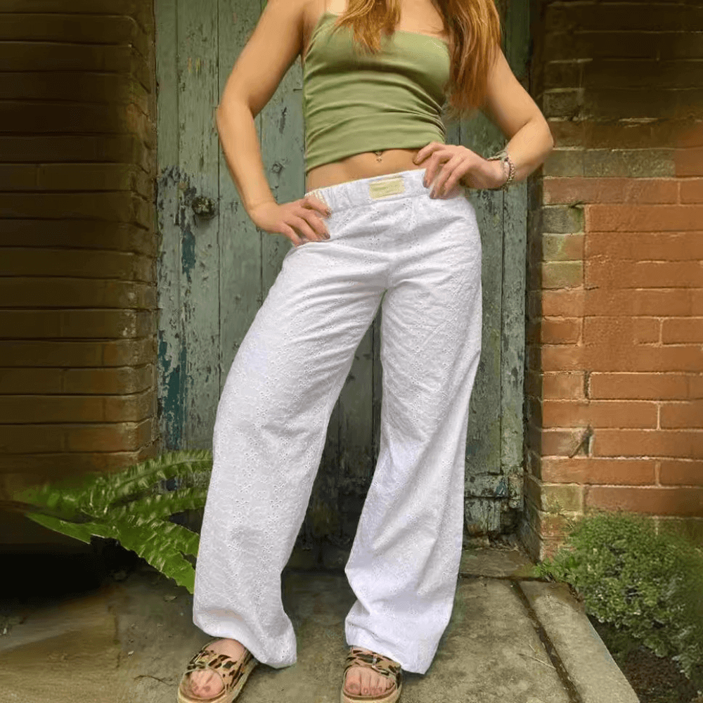 Ladies High Waist Flare Leg Pants with Lace Trim - Luxivelle