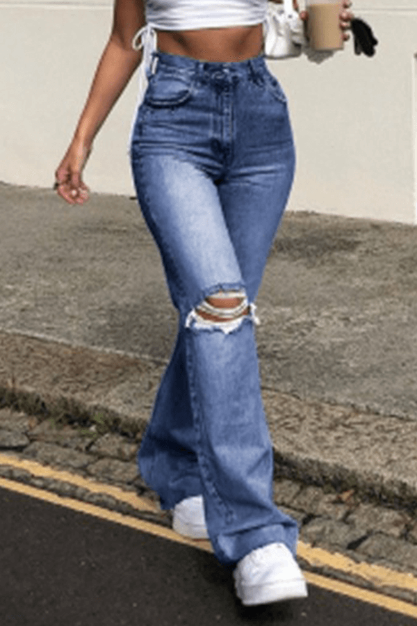 Trendy High Waist Distressed Wide Leg Jeans