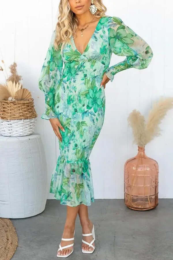 Slim Fit Ladies Midi Dress with Puffy Sleeves - Luxivelle