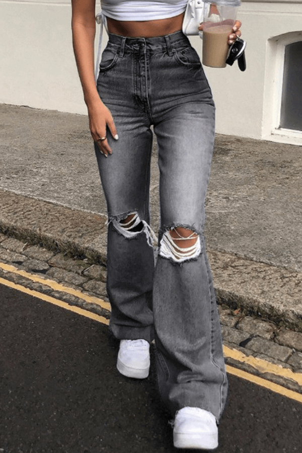 Trendy High Waist Distressed Wide Leg Jeans