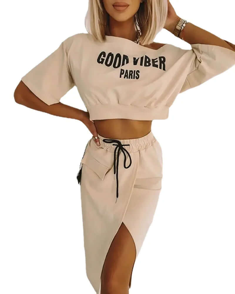 Trendy Off Shoulder Crop Top & High Slit Skirt Set
