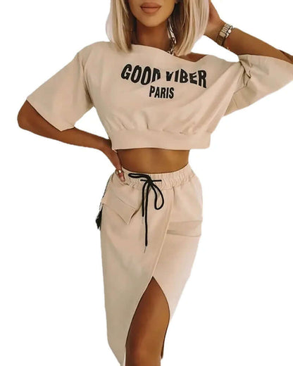 Trendy Off Shoulder Crop Top & High Slit Skirt Set