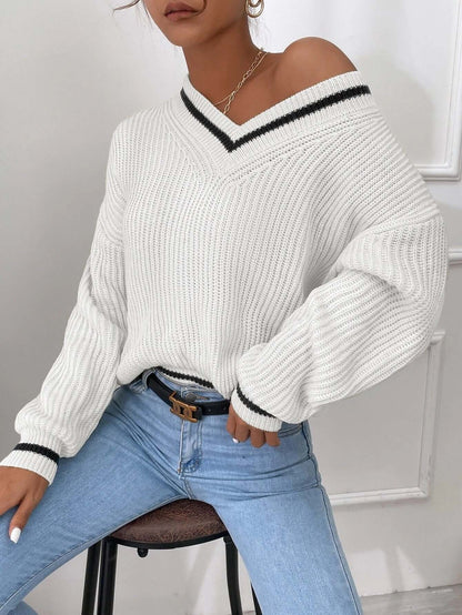 Casual Striped V Neck Loose Fit Sweater