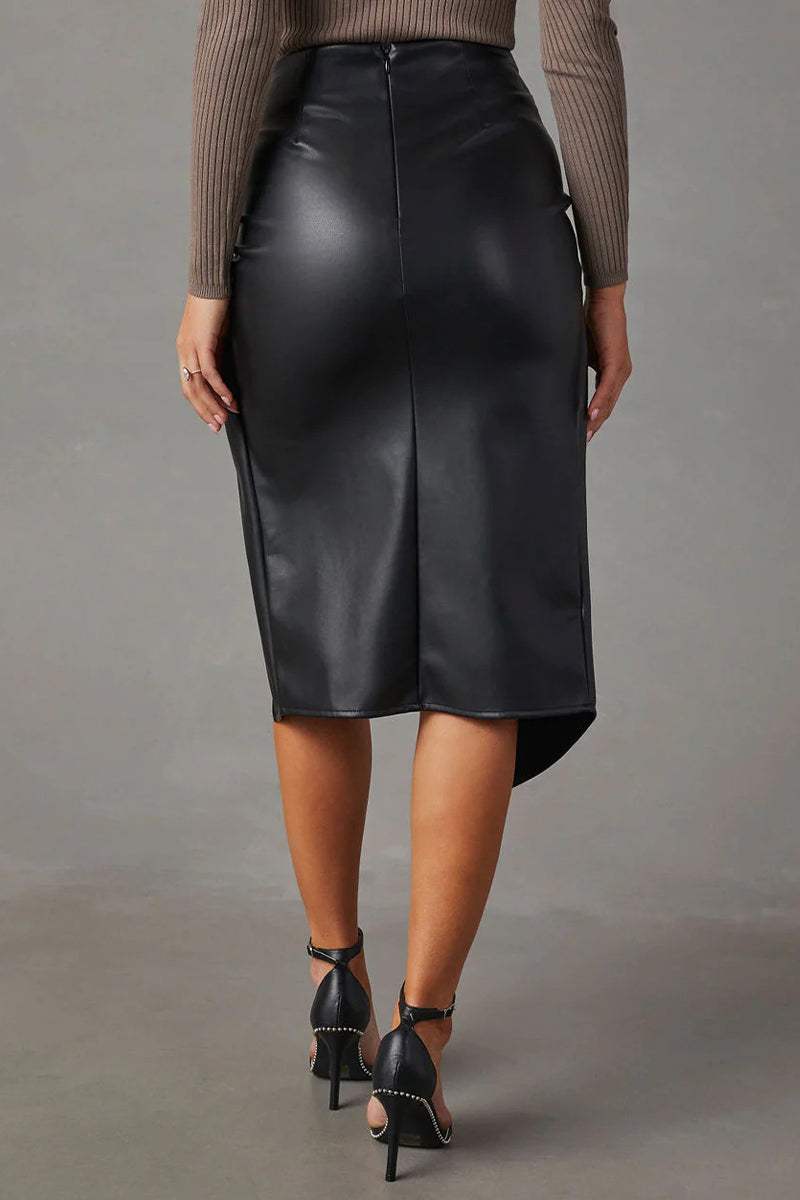 Fake Leather High Waist Pencil Skirt with Gathering