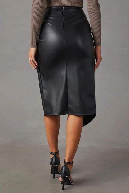 Fake Leather High Waist Pencil Skirt with Gathering