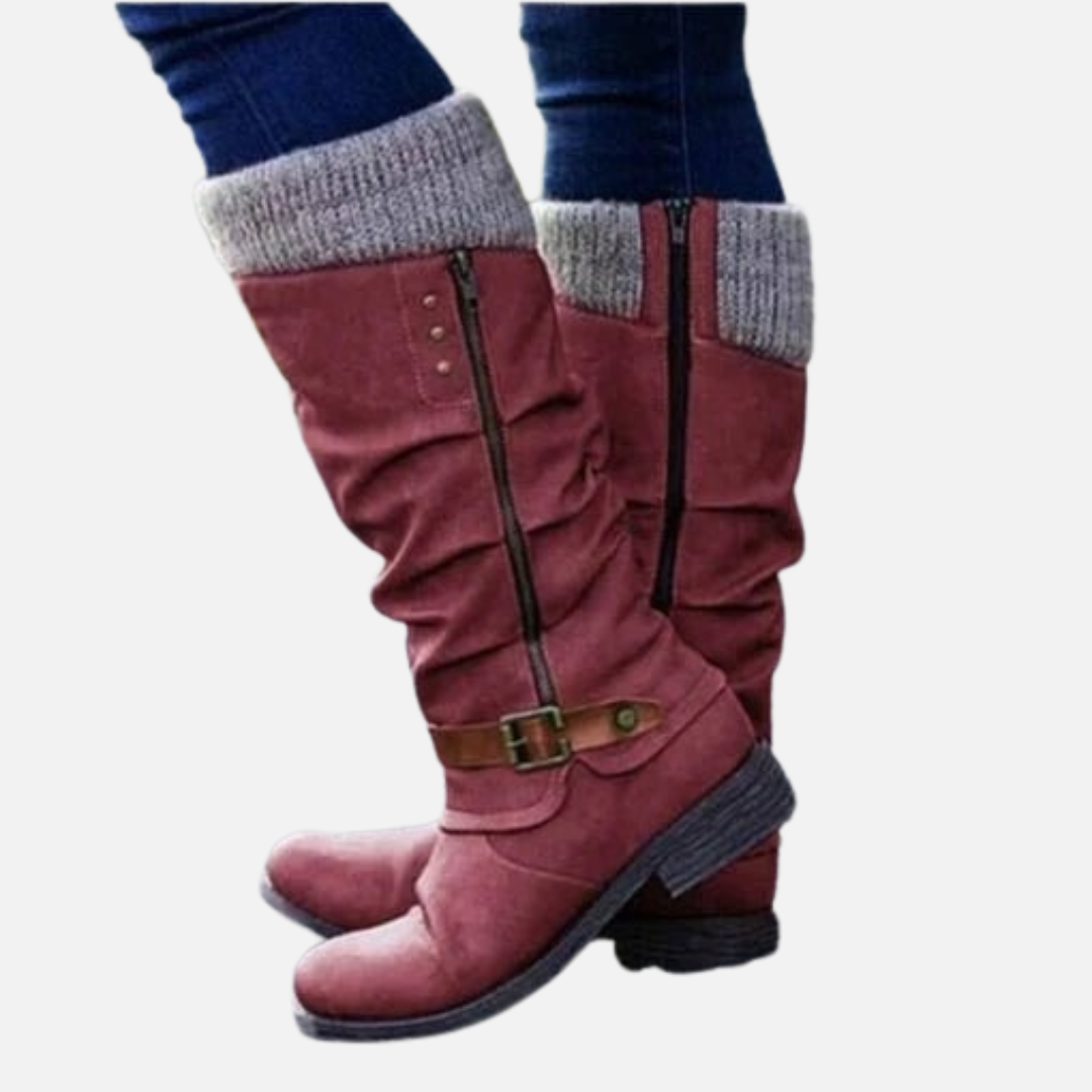 Women's Mid-Calf Slouch Boots - Warm Knit Trim Winter Walking Shoes