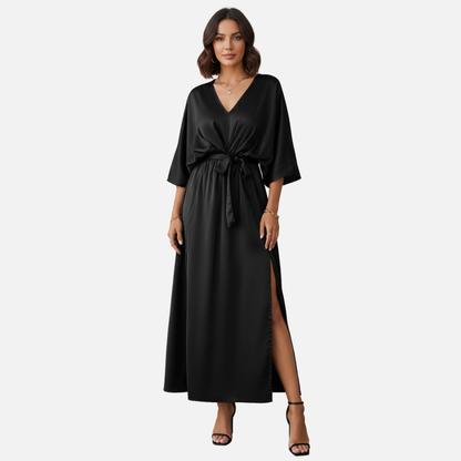 Women's Satin Maxi Dress - Elegant V-Neck Batwing Sleeve Evening Gown