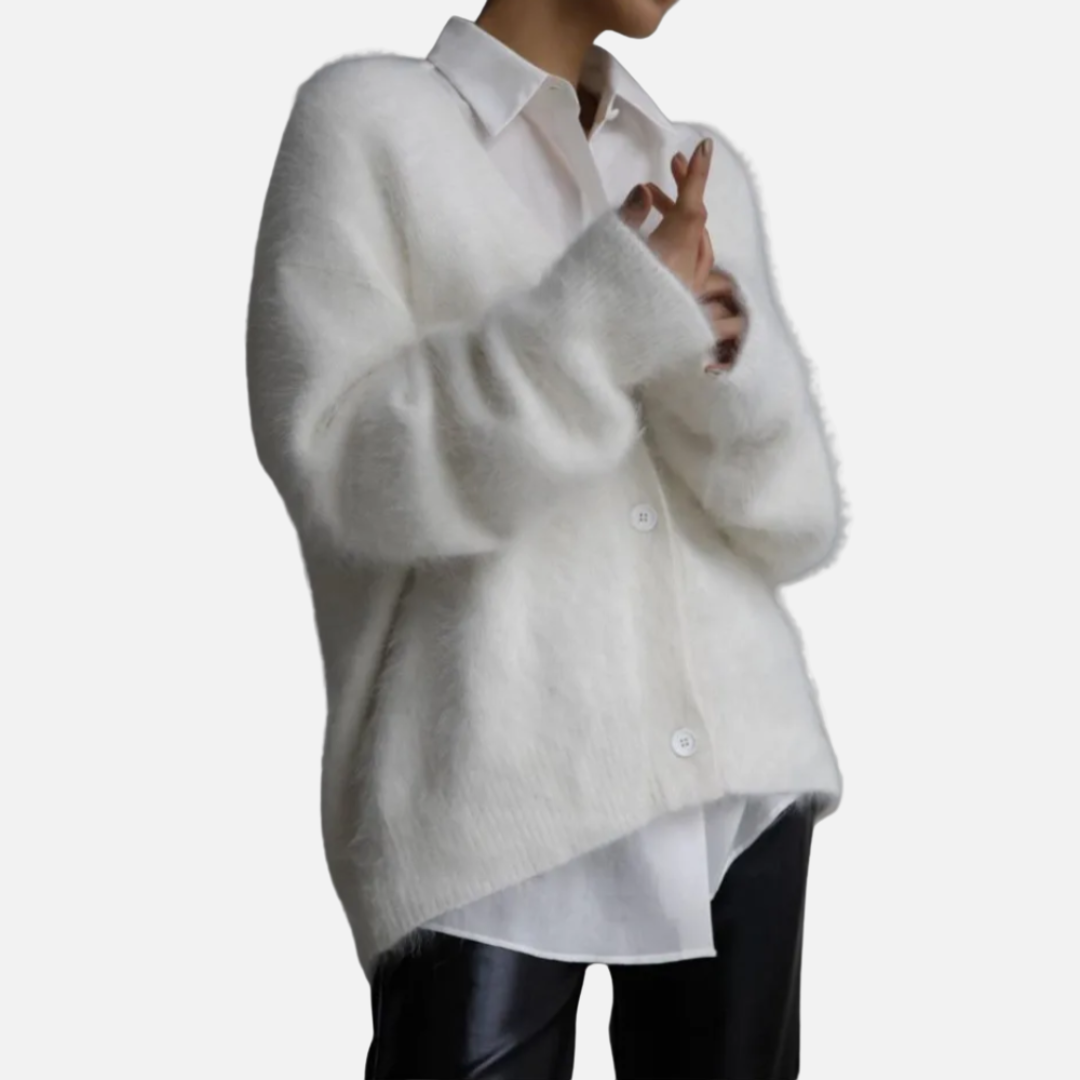 Women's Oversized Knit Cardigan - Soft Fuzzy Button Front Jumper