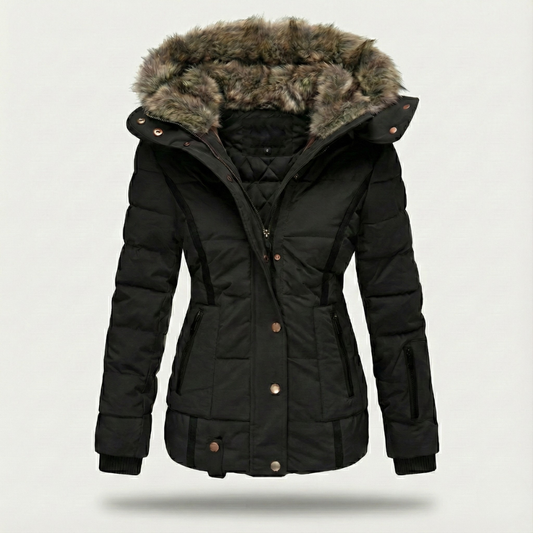 Women's Slim Fit Puffer Coat with Hood and Zip Closure - Luxivelle