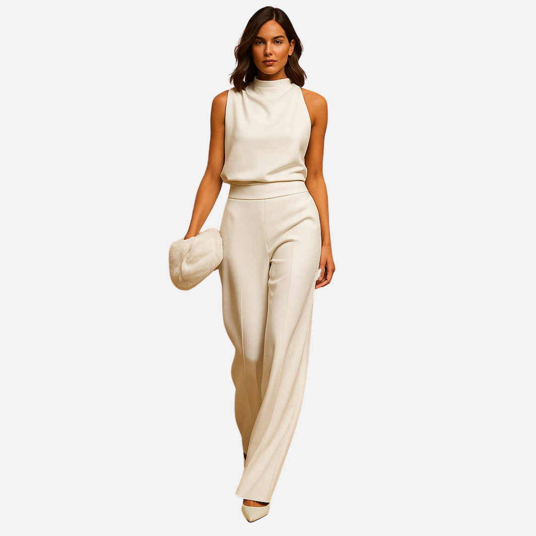 Women's High-Waisted Wide-Leg Jumpsuit - Sleeveless Mock Neck Suit