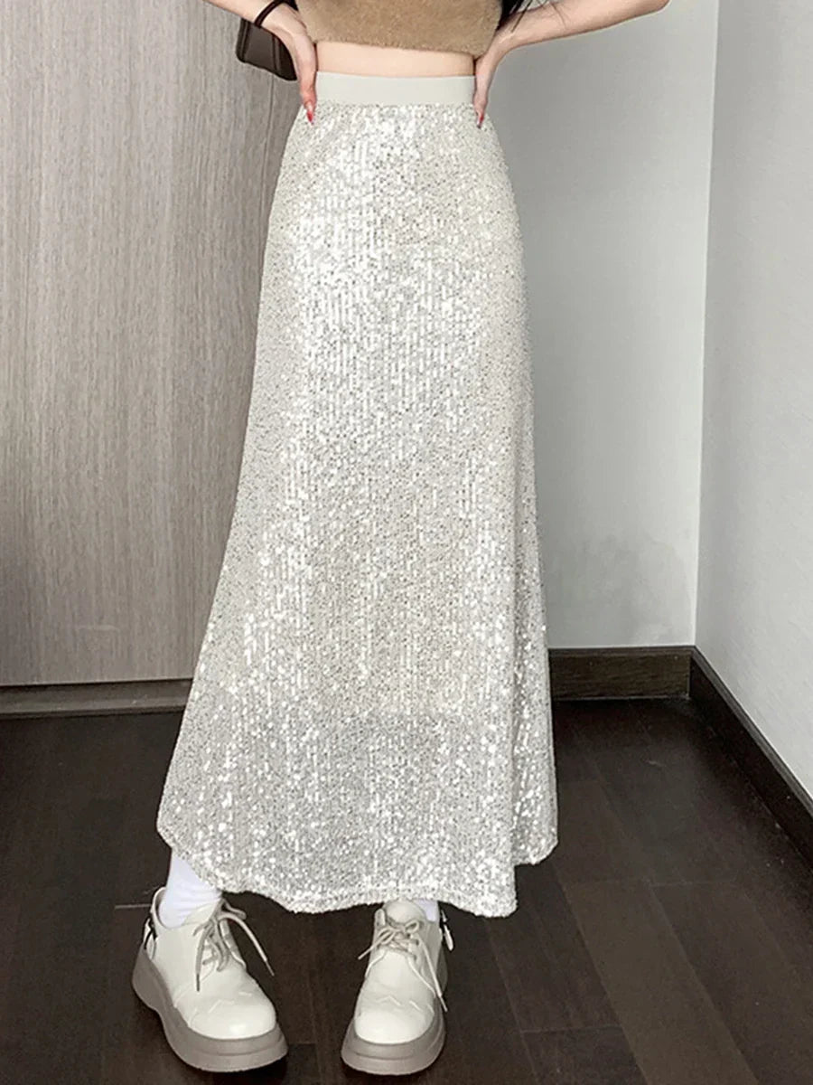 Long Flowy Skirt with Sparkly Waistband for Ladies