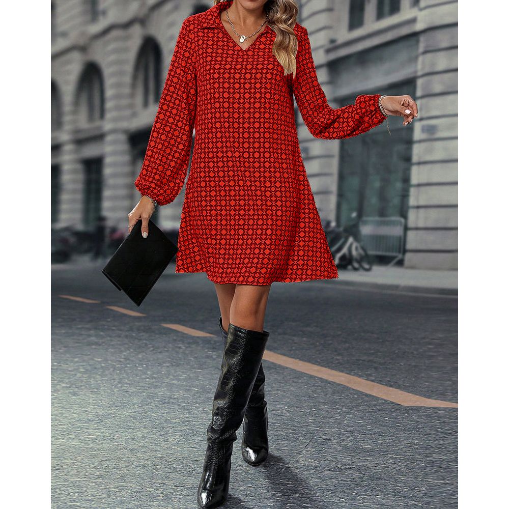 Relaxed Fit V Neck Long Sleeve Dress