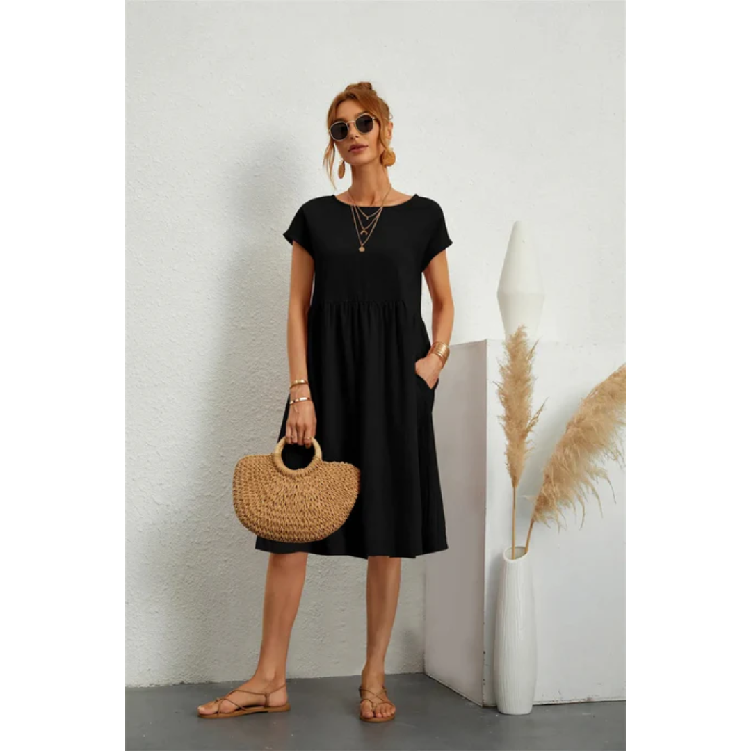 Relaxed Fit Women's Short Sleeve Linen A-Line Dress