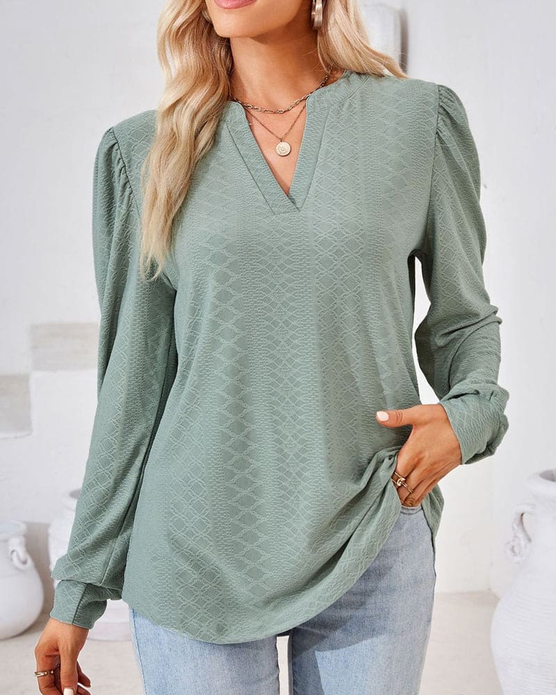 Ladies' Patterned V-Neck Long Sleeve Shirt - Luxivelle