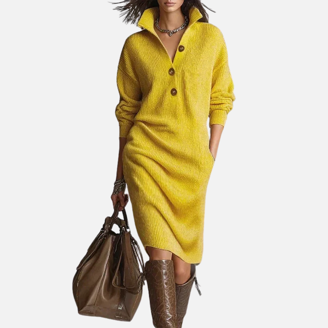 Clara | Ribbed Knit Polo Midi Dress