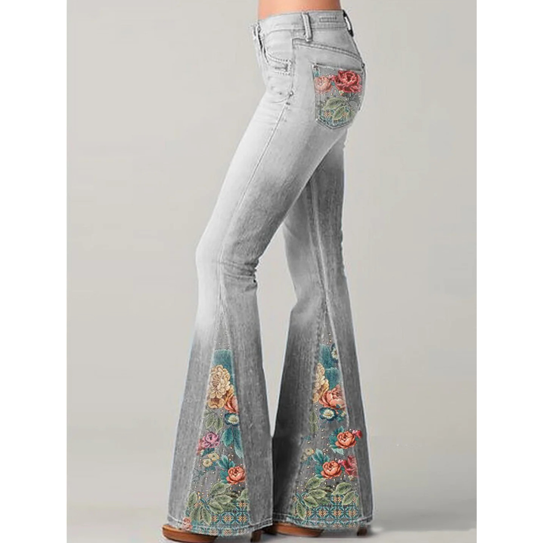 Women's Wide Leg Jeans with Classic Floral Embroidery