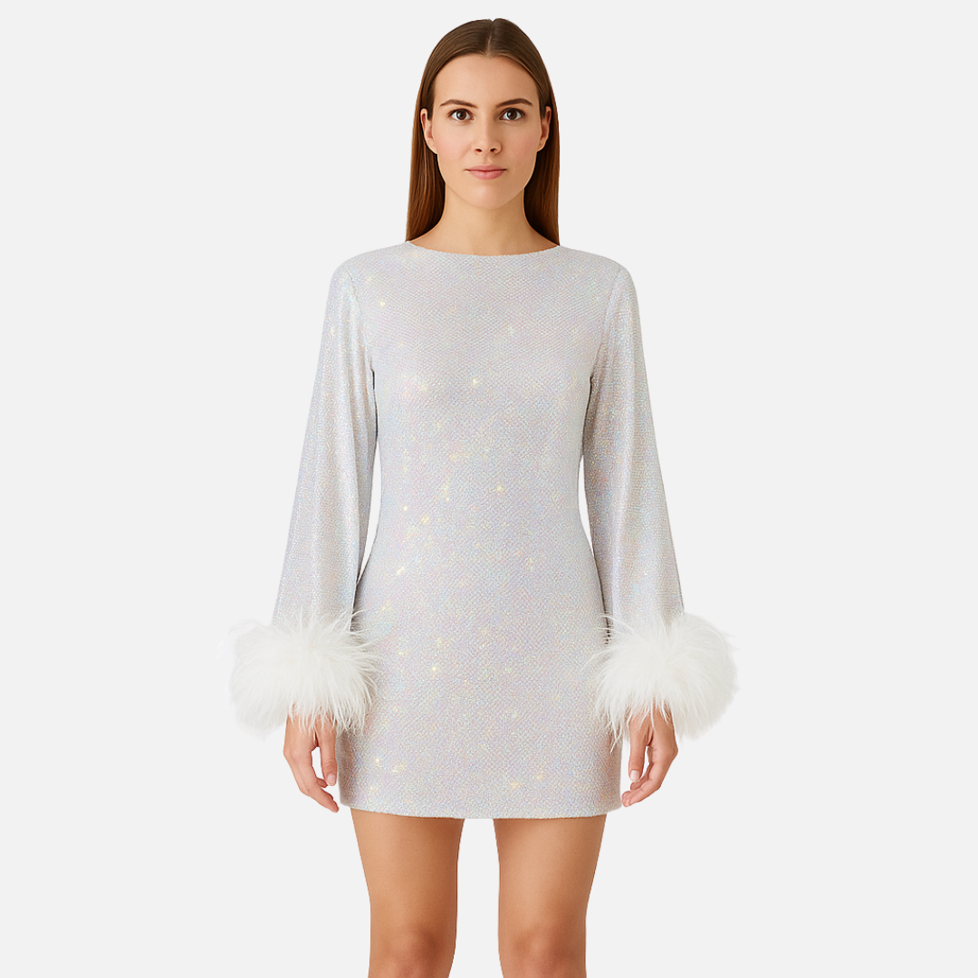 Women's Sparkly Sequin Mini Dress - Elegant Feather Cuff Party Gown
