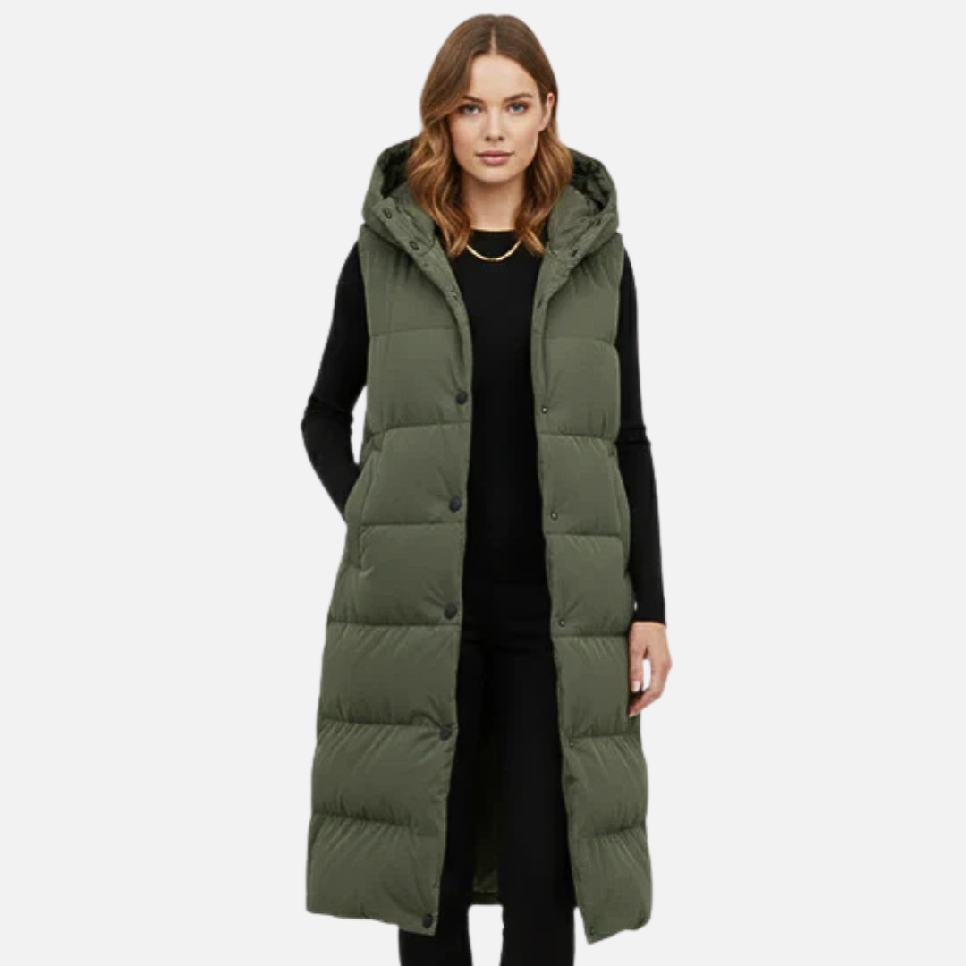Women's Longline Puffer Vest - Hooded Sleeveless Quilted Gilet