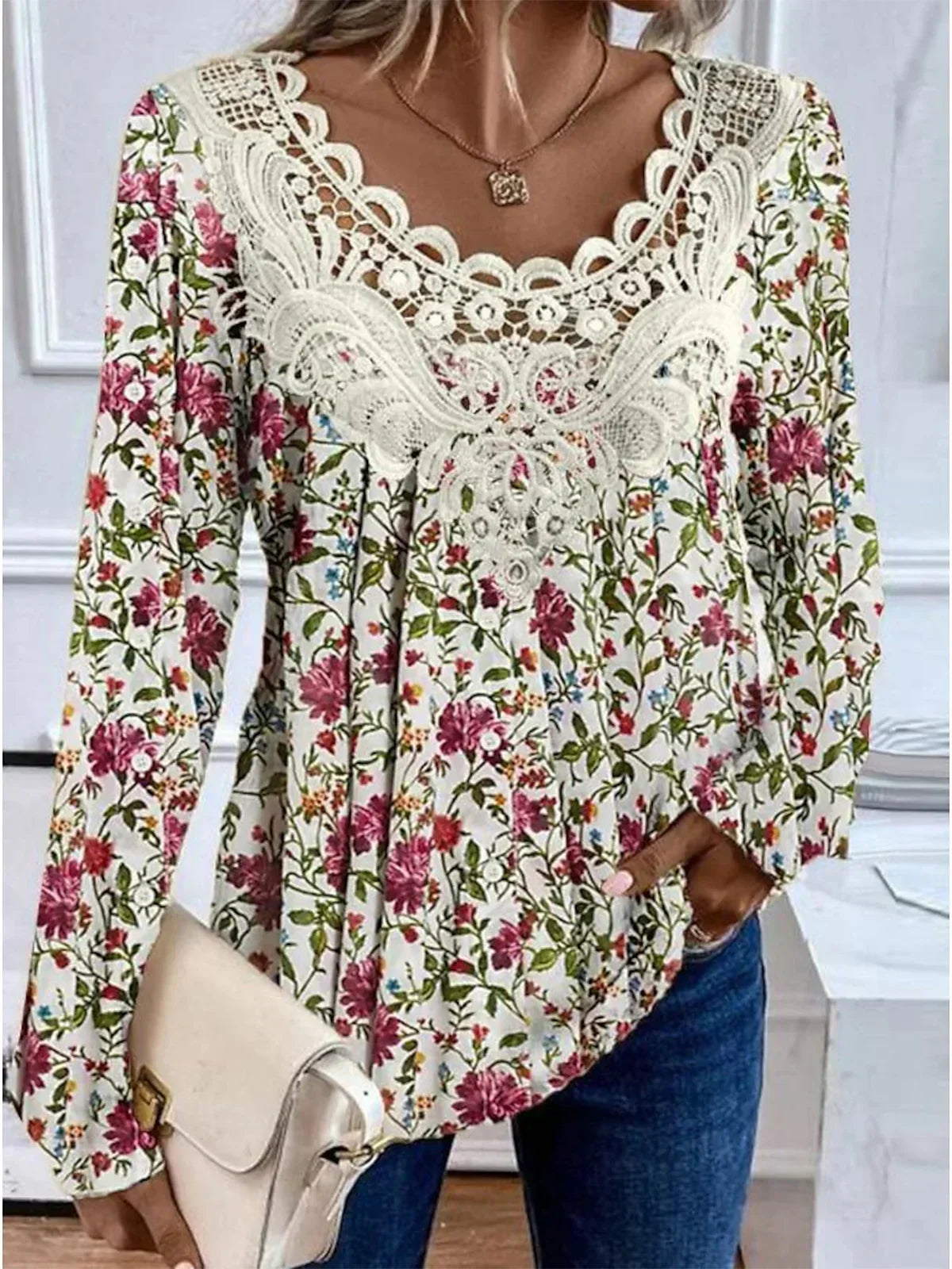 Feminine Ruffled Neck Floral Top - Luxivelle